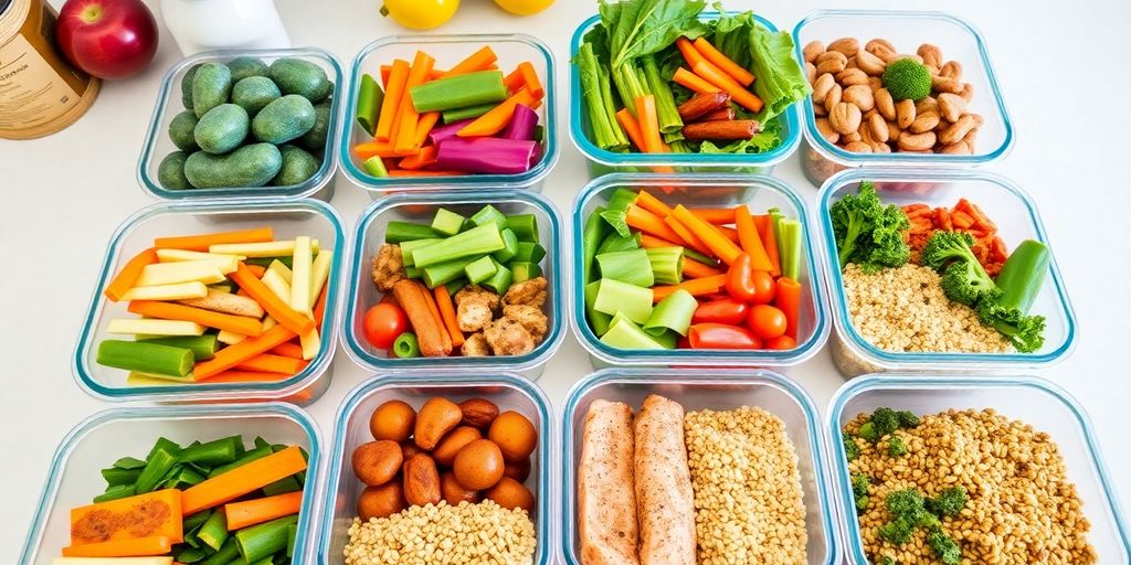 Colorful healthy meal prep containers on a kitchen counter.