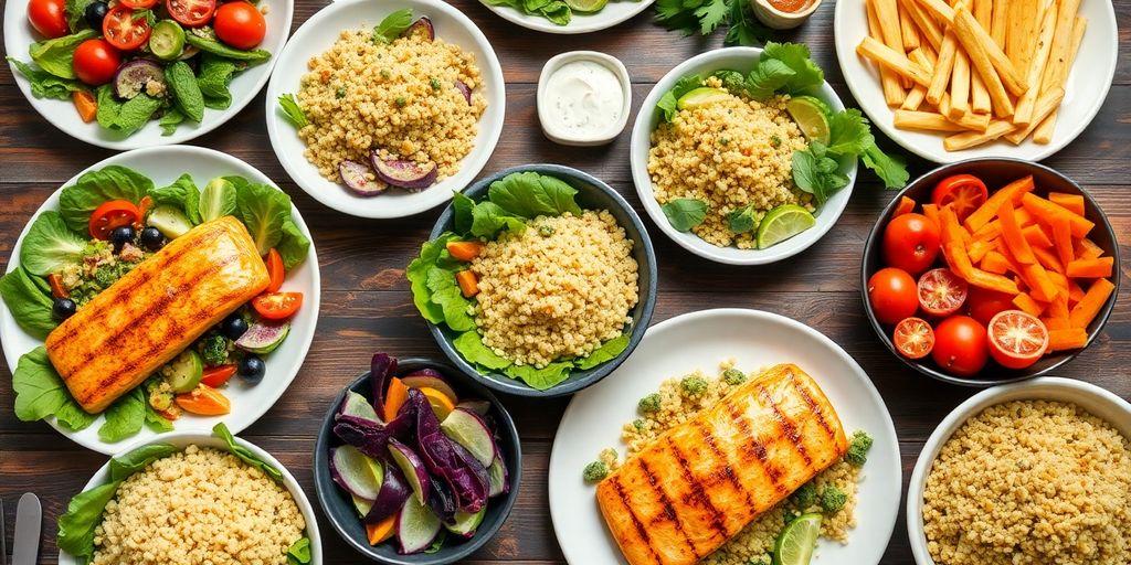 Colorful heart-healthy meals on a beautifully set table.