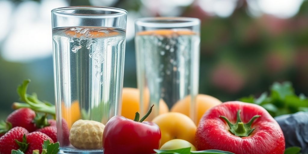 A glass of water with fruits and vegetables around it.