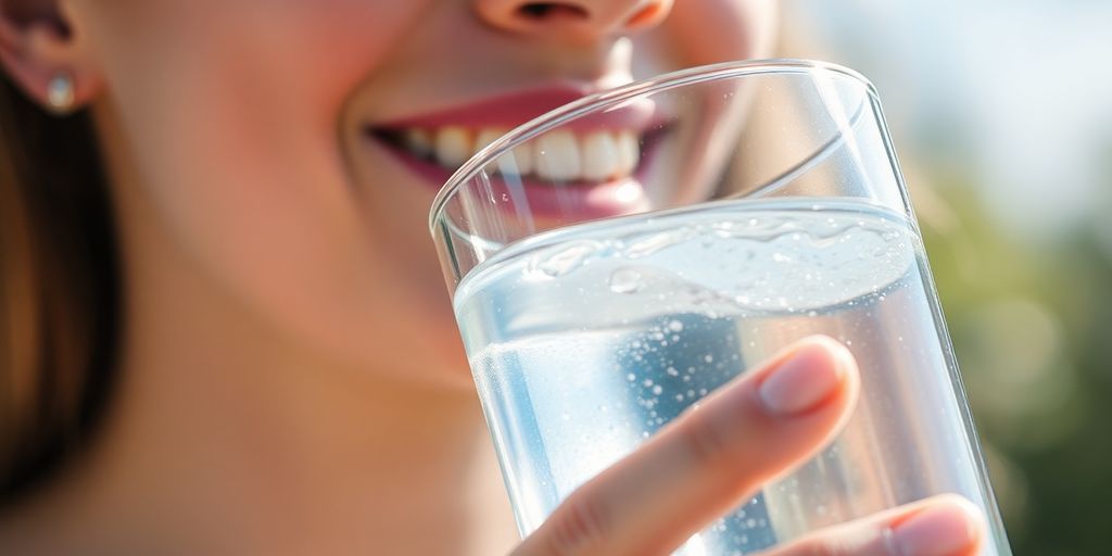 Person drinking clear water from a glass outdoors.