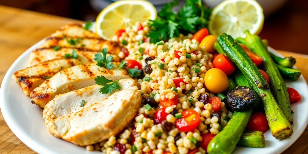 Colorful healthy meals on a plate in a kitchen.