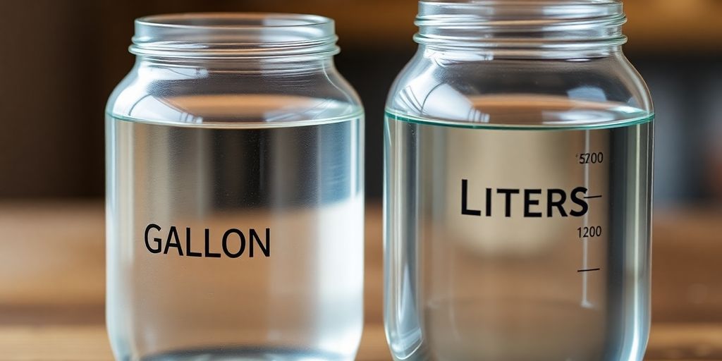 Two glass containers with water labeled gallons and liters.