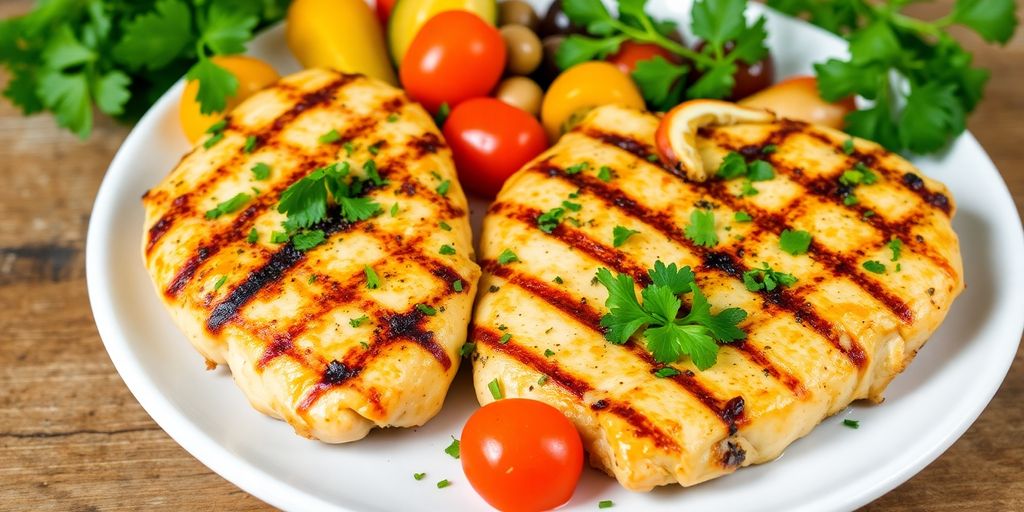 Grilled chicken breasts with herbs and colorful vegetables.