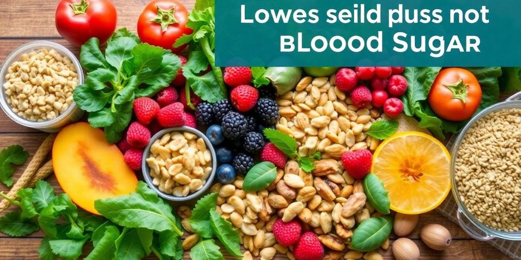 Fresh foods for lowering blood sugar on a wooden table.