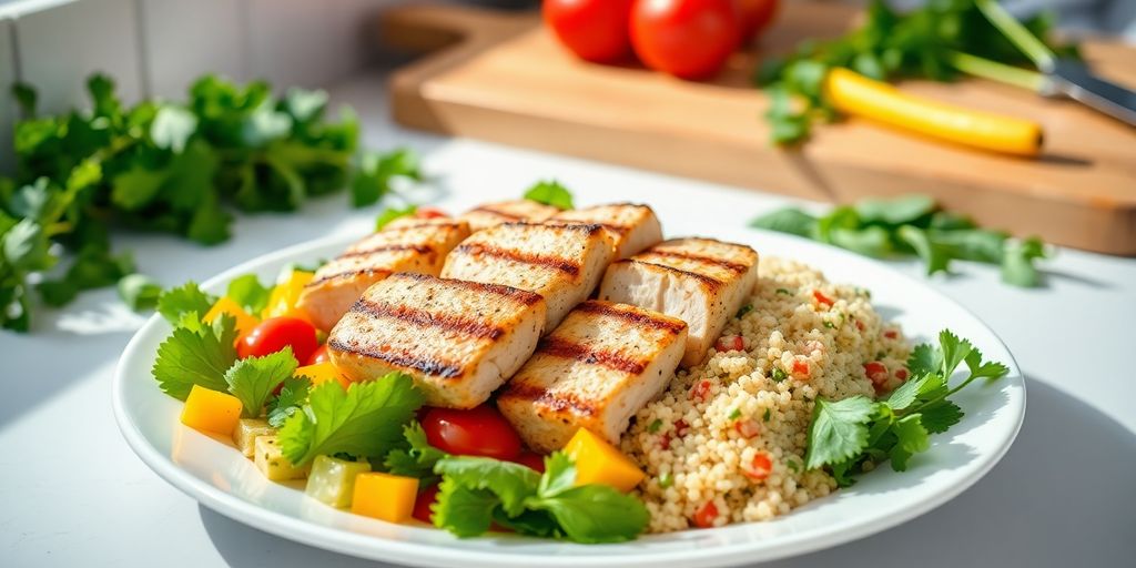 Healthy dinner plate with vegetables, chicken, and quinoa.