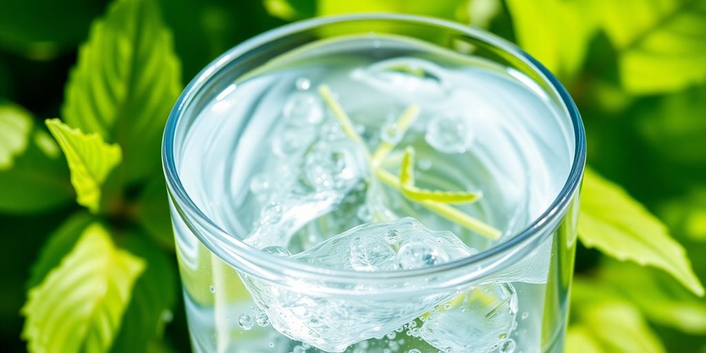 Fresh glass of water surrounded by green leaves.