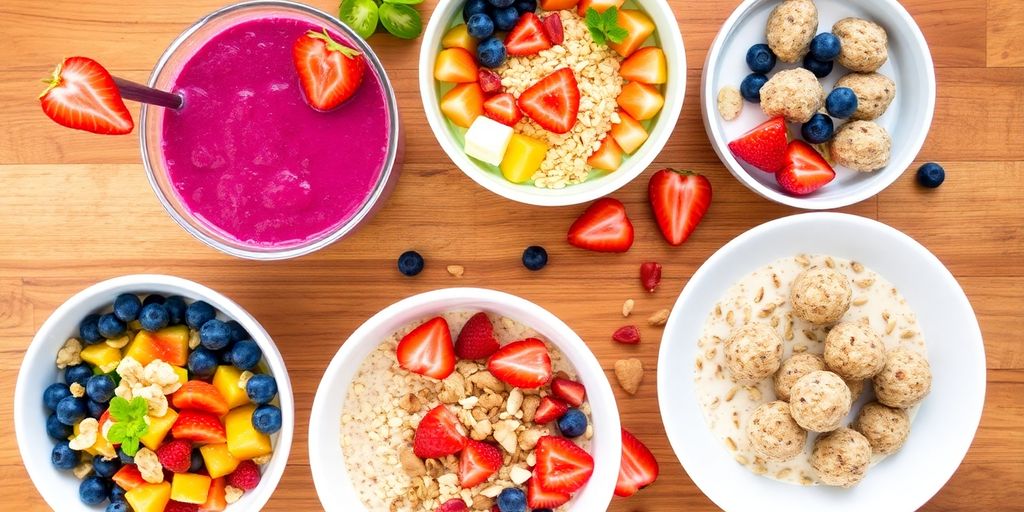 Colorful healthy breakfast options arranged on a wooden table.