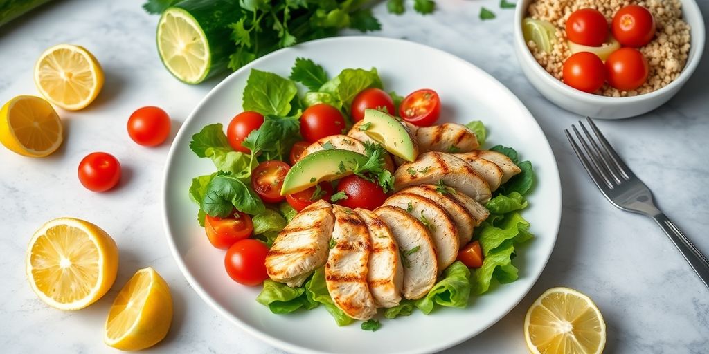 Colorful light dinner plate with salad and grilled chicken.