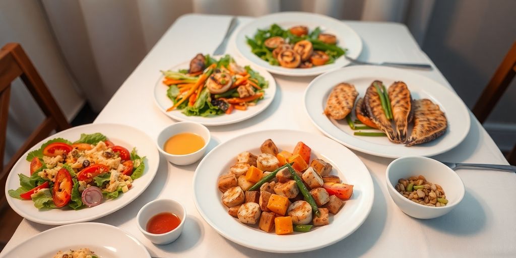 A cozy table set with light dinner dishes.