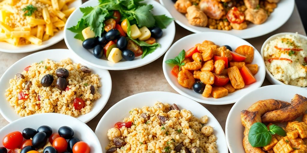 Colorful Mediterranean dishes on a rustic wooden table.