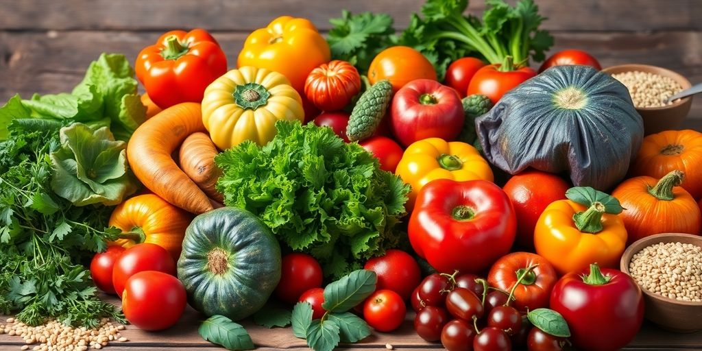 Colorful fruits and vegetables on a wooden table.