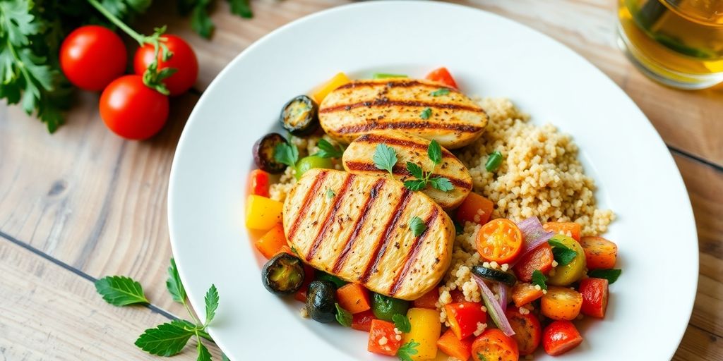 Colorful healthy dinner plate with vegetables and chicken.