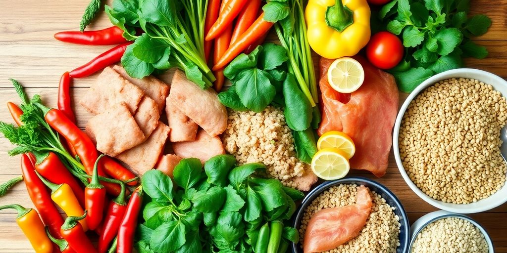 Colorful foods that boost metabolism on a wooden table.