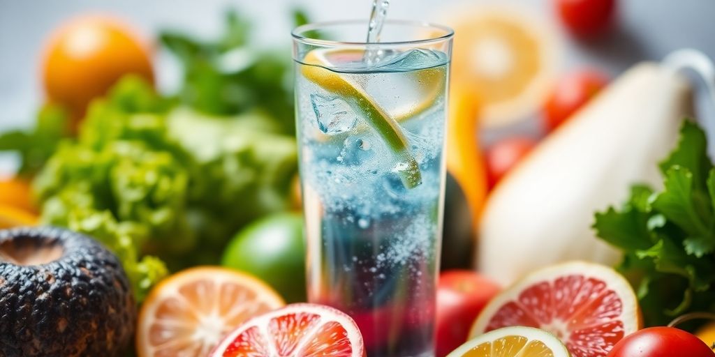 Glass of water with fresh fruits and vegetables nearby.