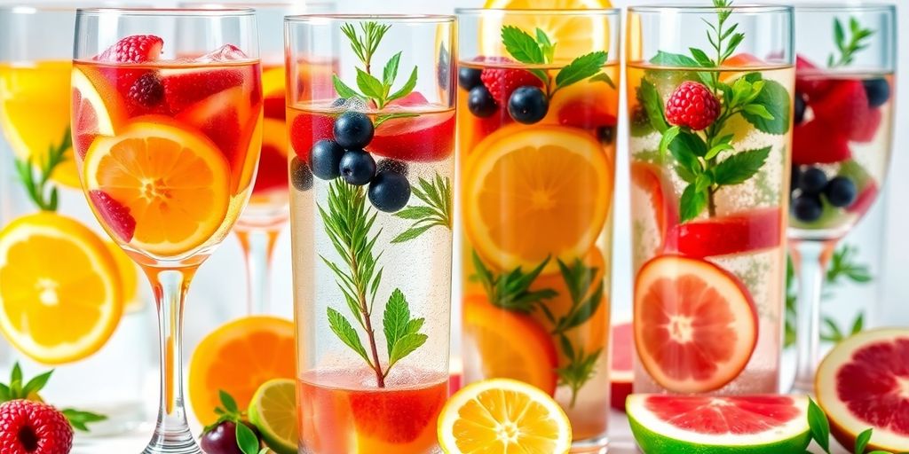 Colorful infused water with fruits and herbs in glasses.