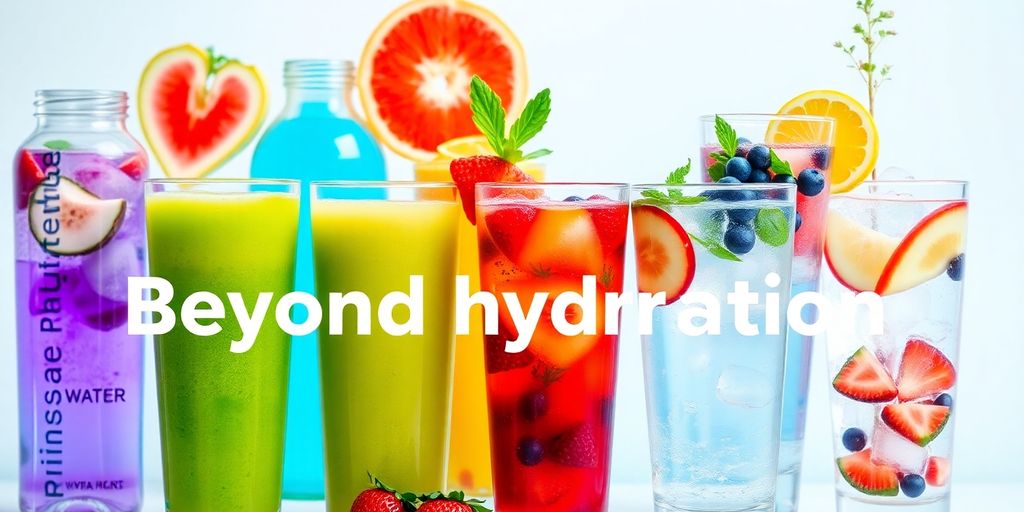 Colorful drinks in glasses with fruits and herbs.