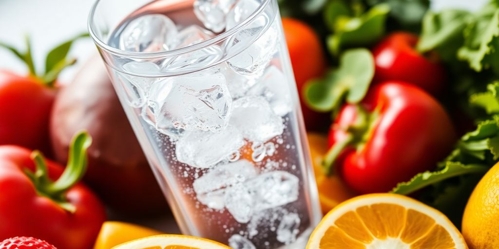 Glass of water with fresh fruits and vegetables around it.