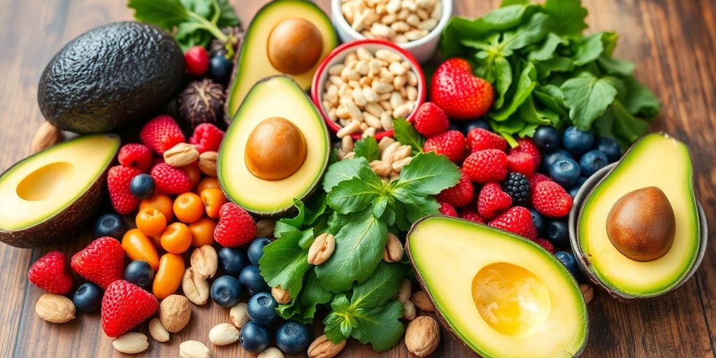 Colorful heart-healthy foods arranged on a wooden table.
