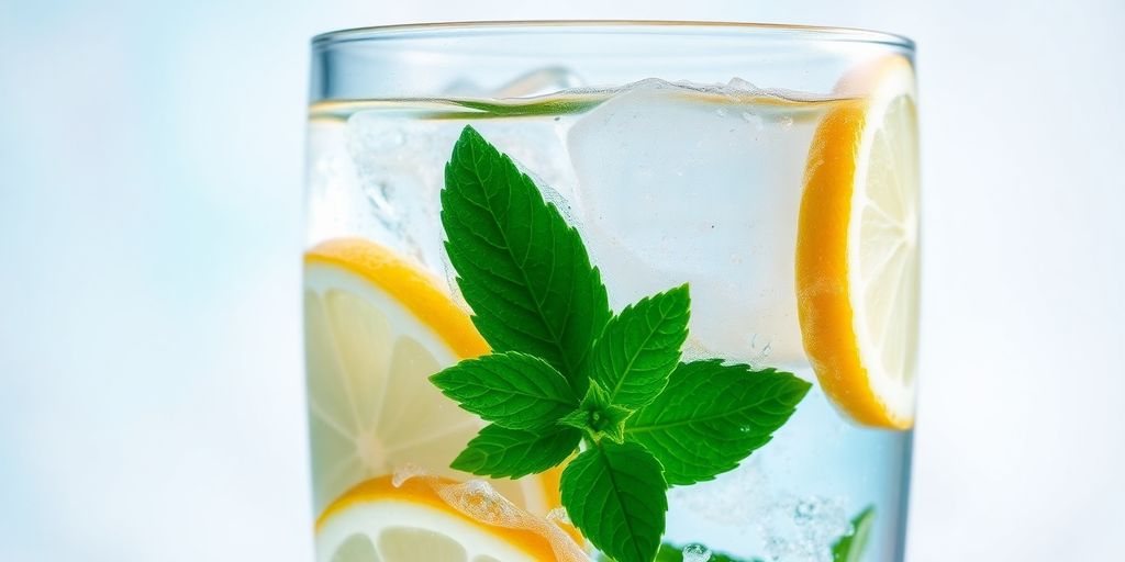 Close-up of a lemon and mint water glass.