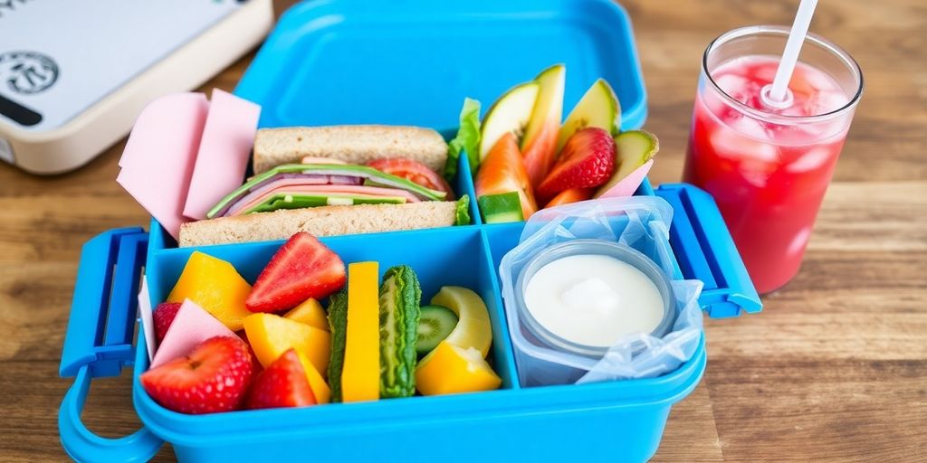 Colorful lunch box with healthy foods on a table.