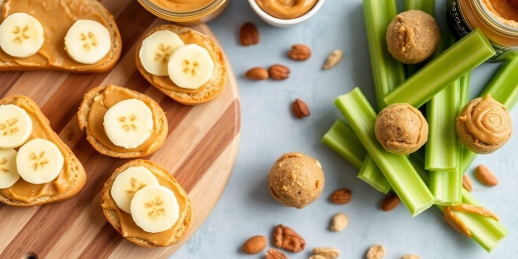 Peanut butter snacks arranged on a wooden board.