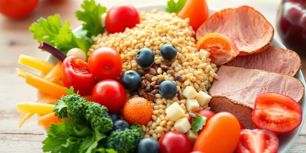 Healthy foods for sugar and cholesterol management on a plate.