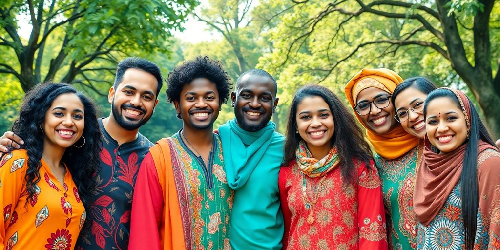 Diverse group of people smiling together outdoors.