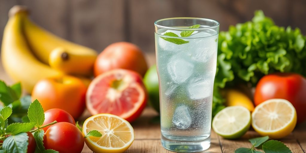 Glass of water with fruits on a wooden table.