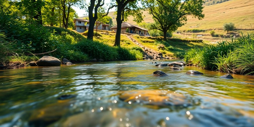 Flowing stream surrounded by greenery and sustainable village.