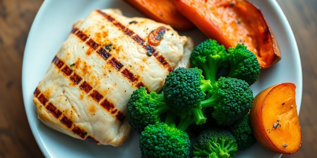 Colorful low-fat dinner on a white plate.