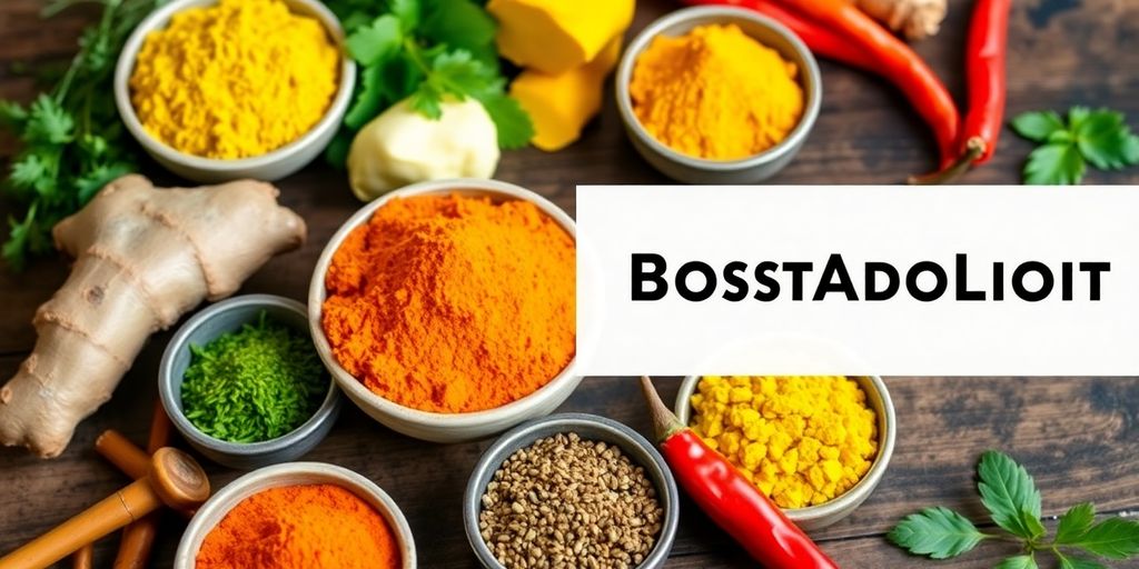 Colorful spices and fresh herbs on a wooden table.