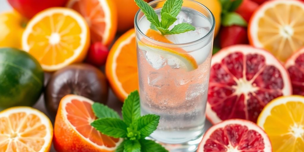 Glass of water with fruits and mint leaves for hydration.