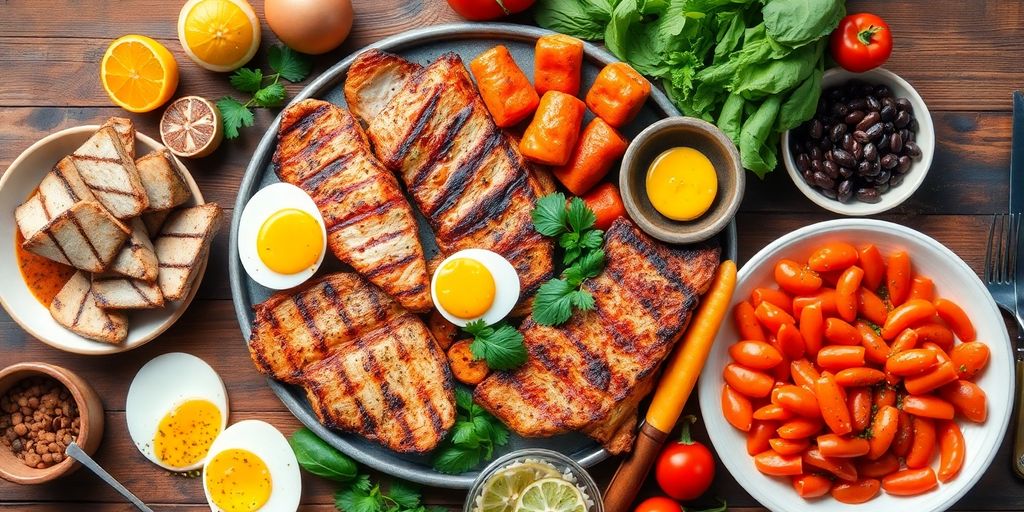 Plate of protein-rich foods and colorful vegetables.