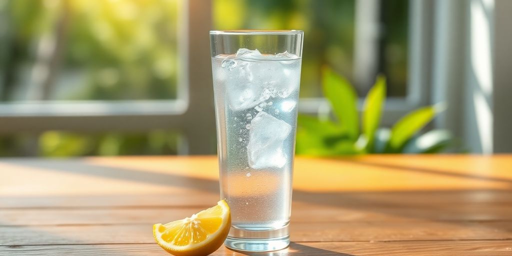 A glass of water with a slice of lemon.