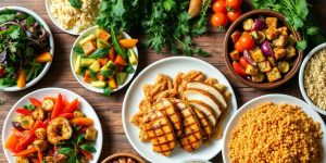 Colorful healthy dishes on a wooden table for dinner.