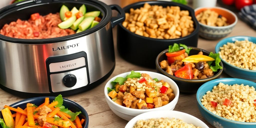 Colorful heart-healthy meals from a crockpot on a table.