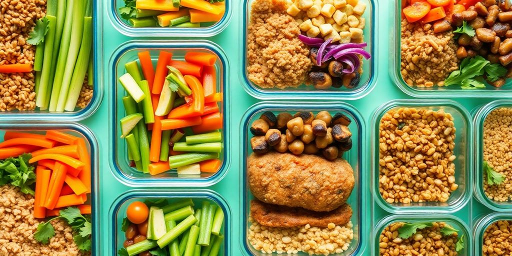 Colorful low-fat meal prep containers with healthy food.