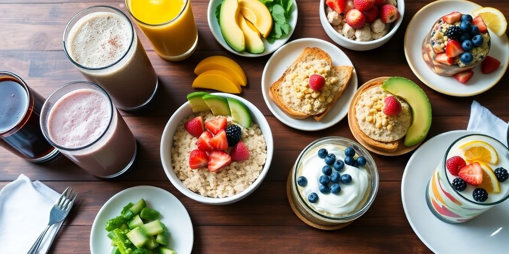 Colorful quick breakfast dishes on a wooden table.