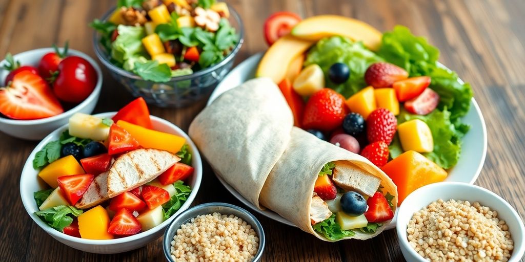 Colorful heart-healthy fast food lunch options on a table.
