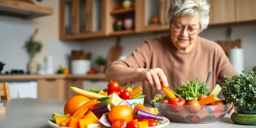 Older adult cooking healthy meal with fresh produce.