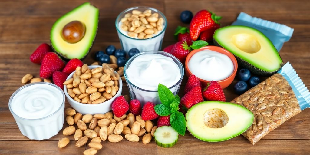 Colorful high protein snacks on a wooden table.