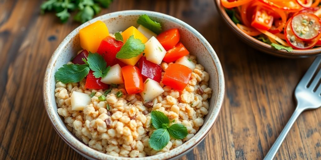 Bowl of savory oats topped with vegetables and herbs.