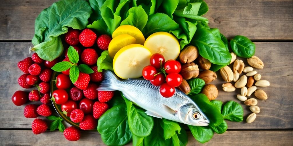 Colorful healthy foods arranged on a rustic wooden table.