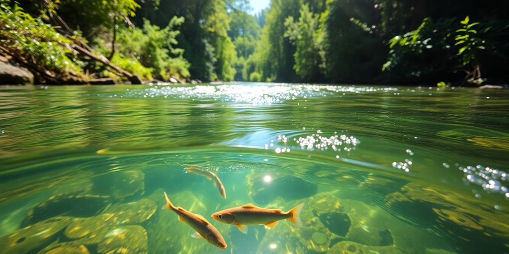 Clean water flowing, green landscape, sunlit, healthy environment.
