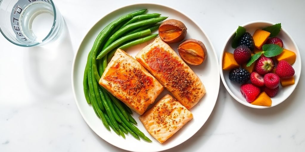 Heart-healthy meals: salmon, colorful vegetables, fresh fruit.