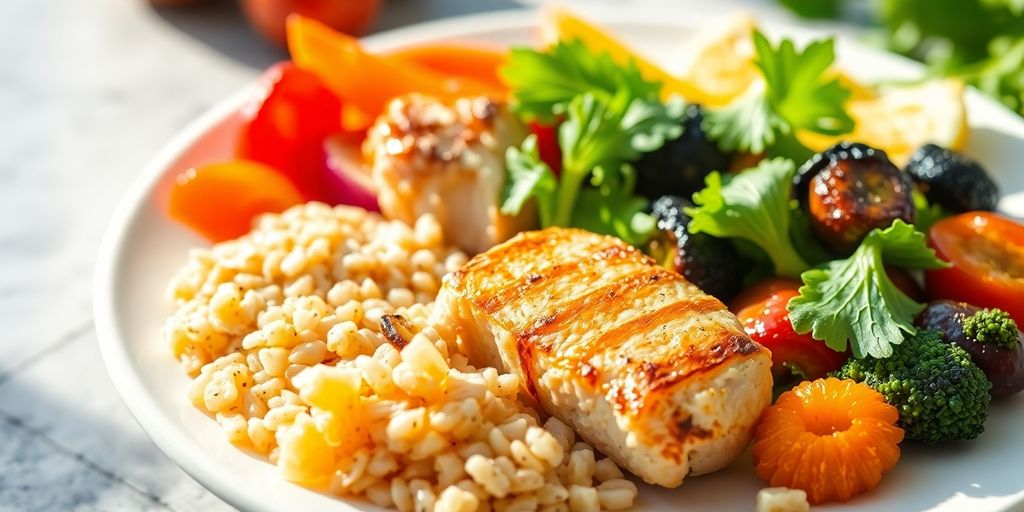 Colorful healthy dinner on a white plate.