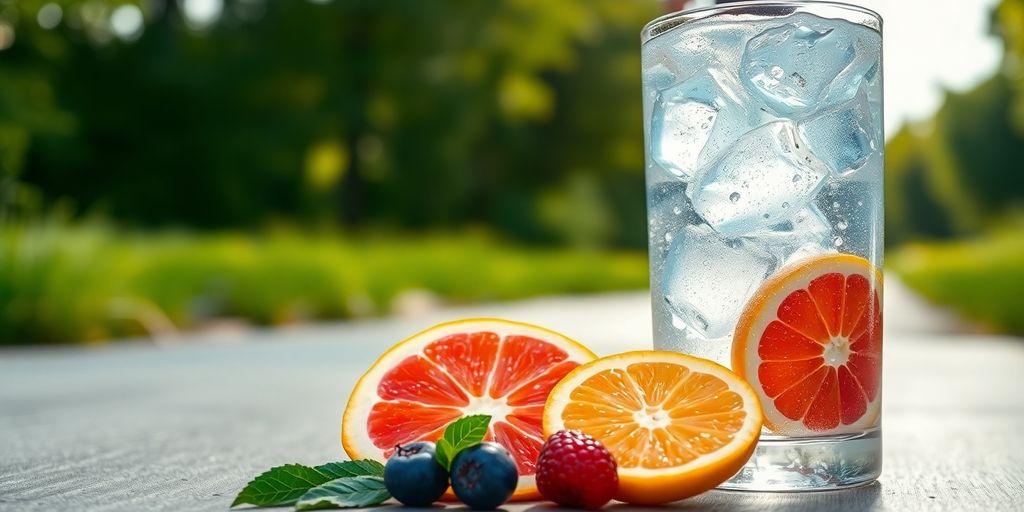 Sparkling water glass, fresh fruit, vibrant active lifestyle.