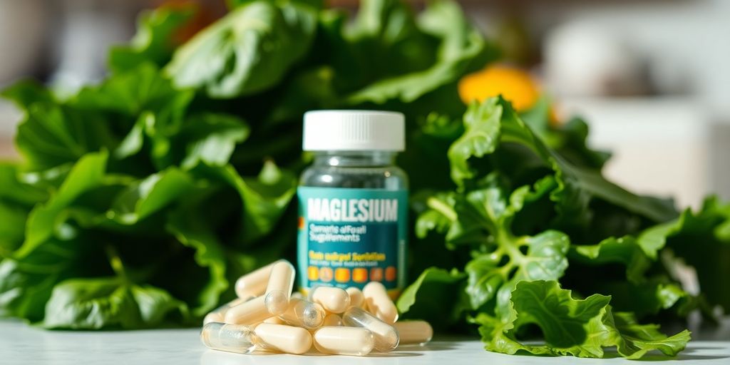 Magnesium supplements next to fresh green vegetables.