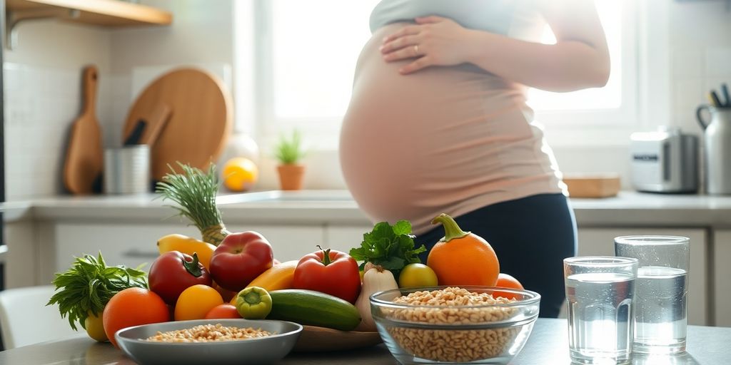 Pregnant woman with healthy food.