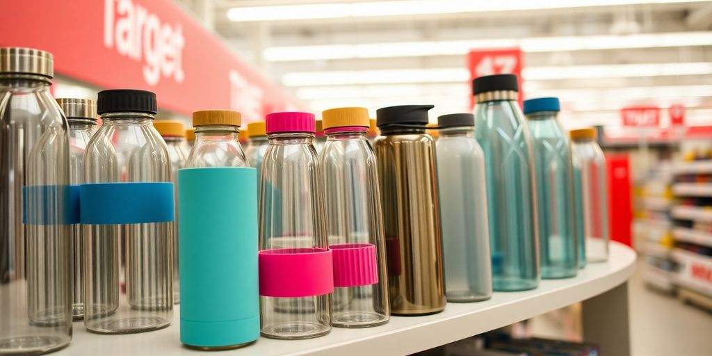 Assortment of glass water bottles inside Target store.